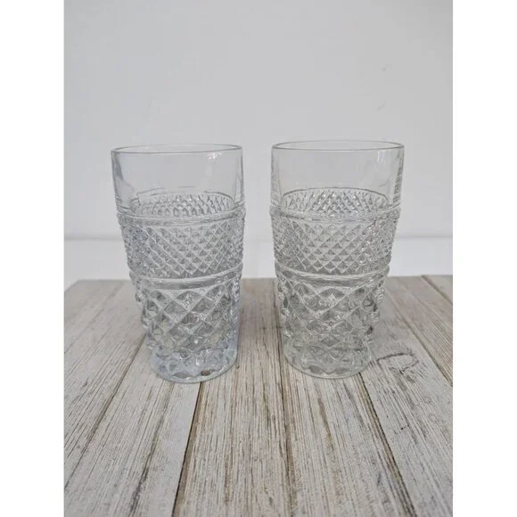 Anchor Hocking Wexford Set 2 Diamond Point Tumblers 11oz 5 1/2" Drinking Glasses - Picture 1 of 4